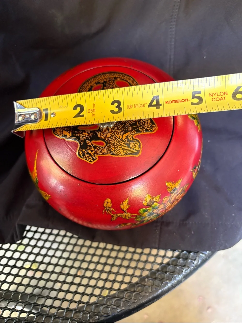 vintage Chinese red lacquered and hand-painted round wooden container